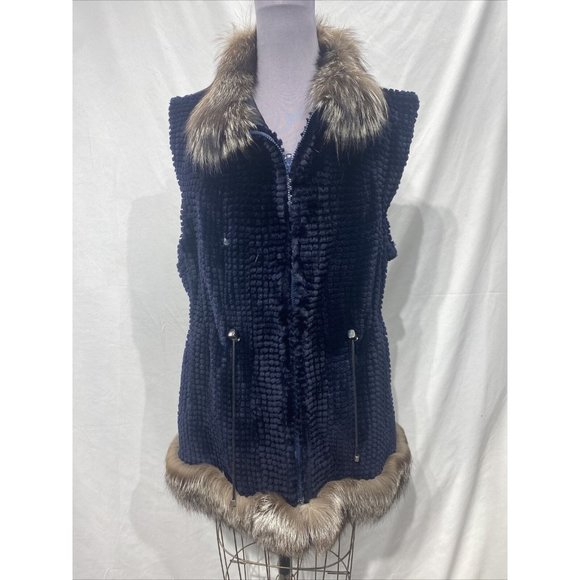 sheared beaver dyed vest secrions navy w/ silver fox trim (50074)